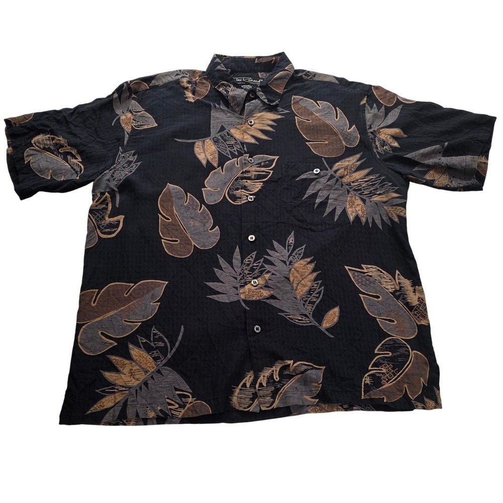 Vintage 90's Tori Richard Honolulu Silk Aloha Shirt L Black Leaf Jacquaro Luxe - Picture 4 of 13